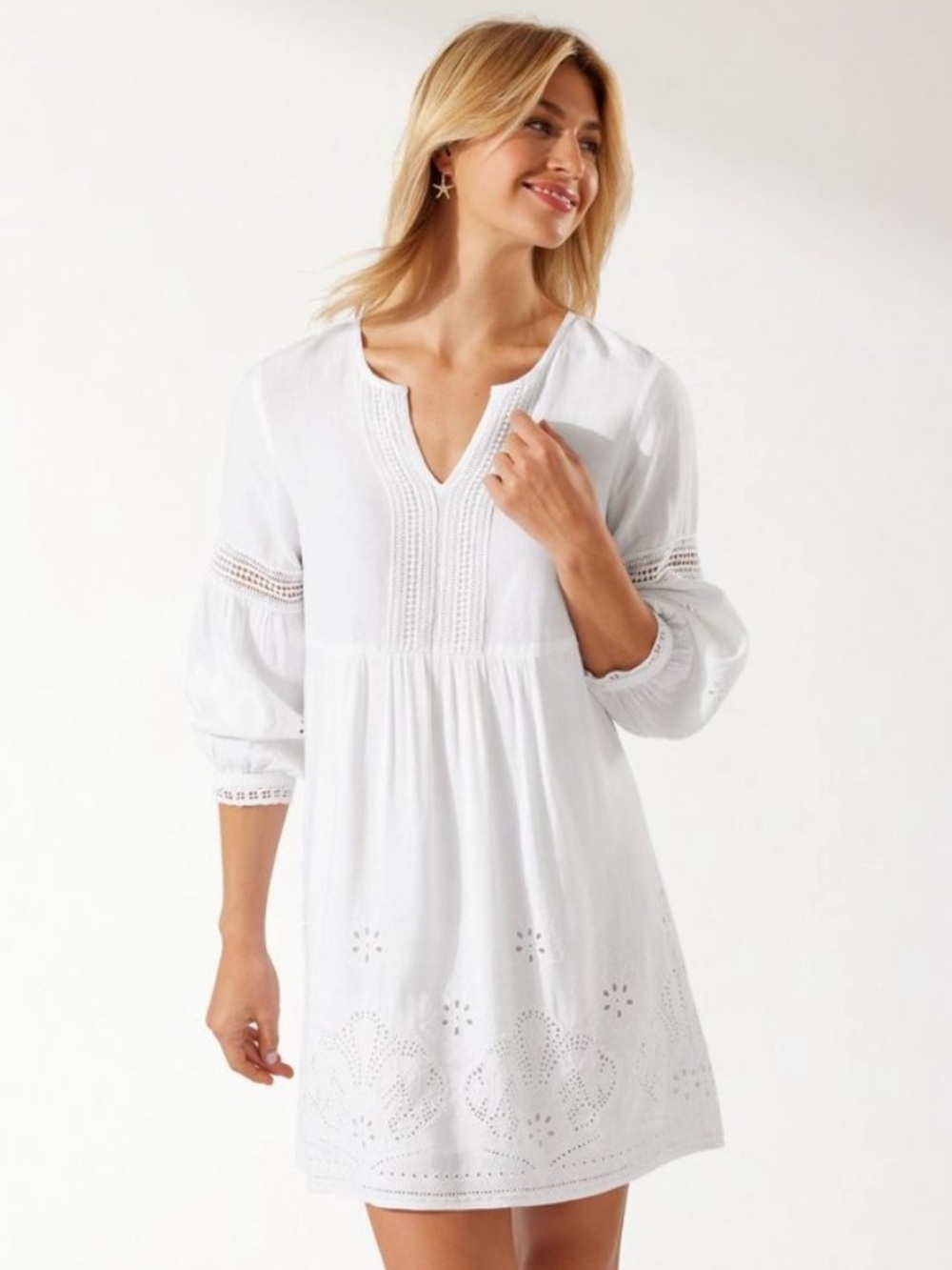 Tommy Bahama St. Lucia Linen-Blend Split-Neck Twill Embroidered Dress